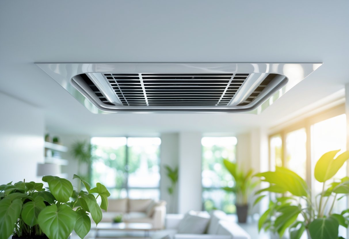 Close-up of a clean air duct vent in a bright, modern living room with sunlight and green plants nearby.