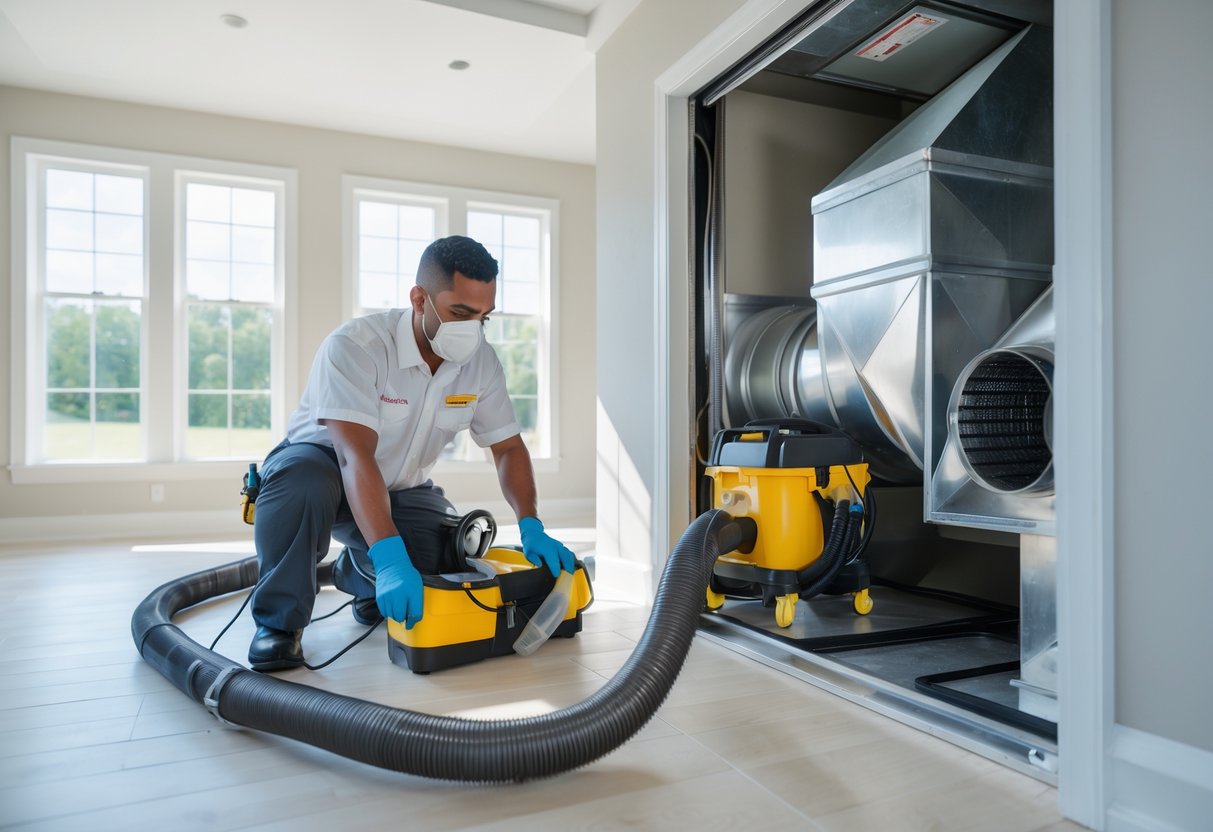 Technician cleaning air ducts in a modern home living room using specialized equipment.