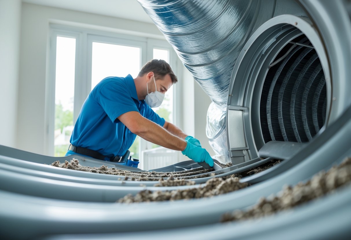 A technician wearing protective gear cleans a spotless air duct inside a bright room, symbolizing improved indoor air quality.