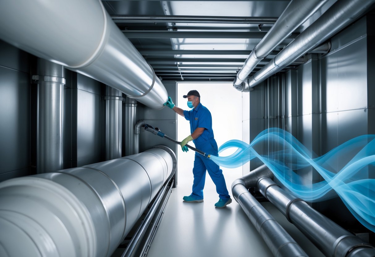 A technician cleaning mold from an HVAC air duct inside a mechanical room, with airflow visually represented through the clean duct.
