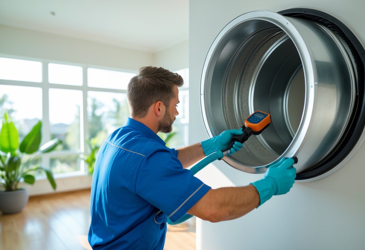 A technician in a blue uniform cleaning air ducts inside a bright living room with plants and sunlight.