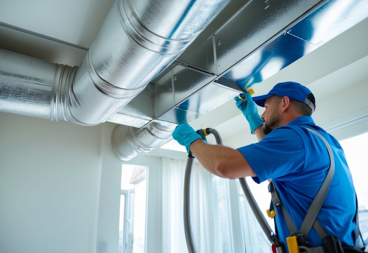 A technician inspecting and cleaning air ducts inside a building, with clean metal ducts and a bright interior.