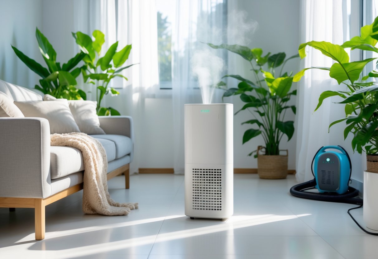 A bright living room with a sofa, air purifier, indoor plants, and sunlight coming through a window, creating a clean and comfortable home environment.