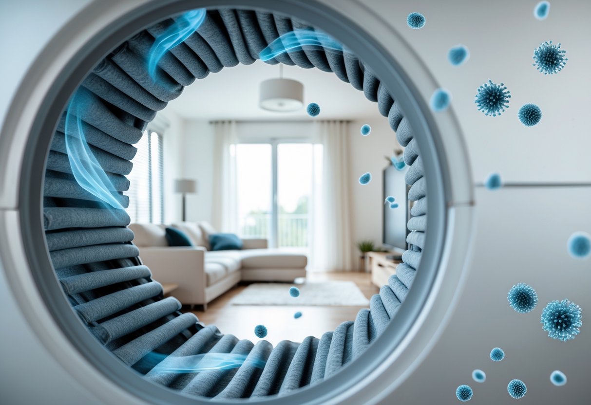 Air ducts inside a home with visible airflow and microscopic allergen particles floating in the air.