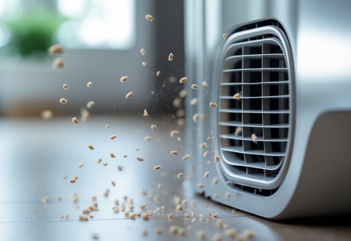 Close-up of a clean indoor air duct vent with small particles representing common allergens like dust and pollen floating nearby.