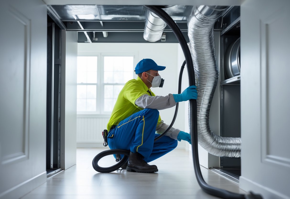 Technician cleaning an air duct inside a building using specialized equipment to remove dust and allergens.