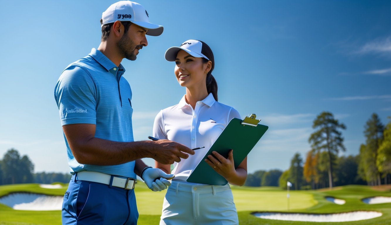 Dua orang berdiri di lapangan golf, satu memegang stik golf dan yang lain membawa papan catatan, sedang berdiskusi.