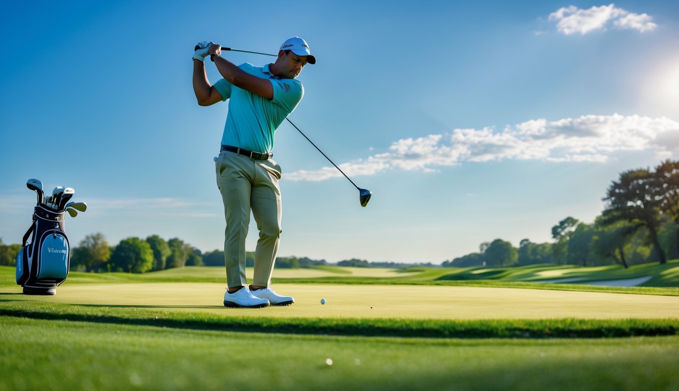 Seorang pegolf pria sedang mengayunkan tongkat golf di lapangan golf yang hijau dan cerah.