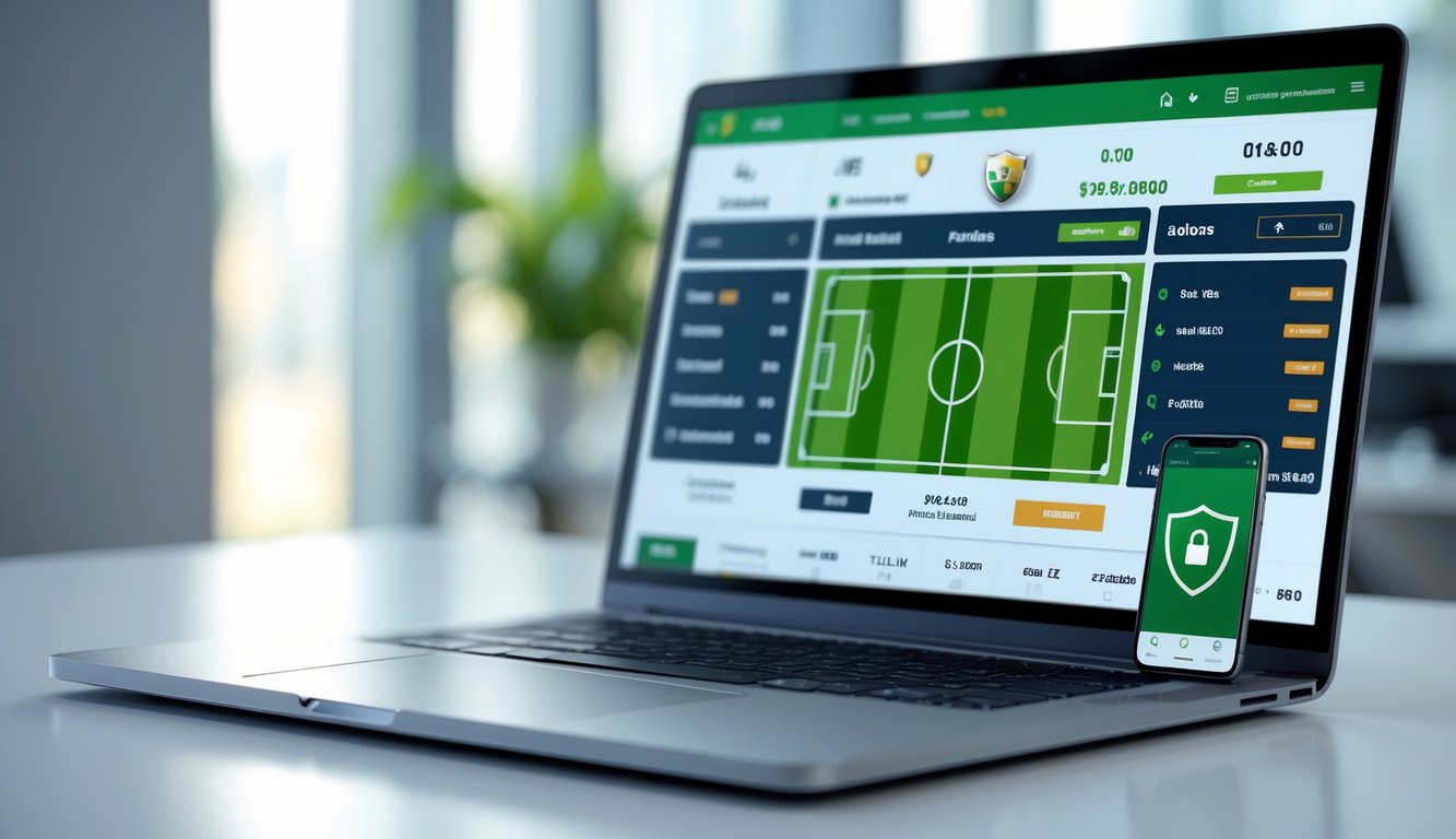 Suasana kantor modern dengan laptop dan ponsel yang menampilkan antarmuka taruhan bola online yang aman dan resmi.