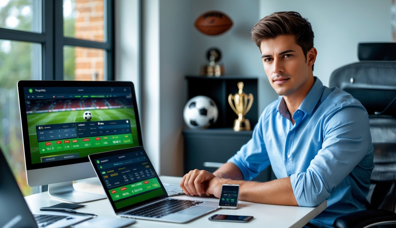 Seorang pria muda duduk di meja dengan beberapa perangkat digital menampilkan pertandingan sepak bola dan peluang taruhan.