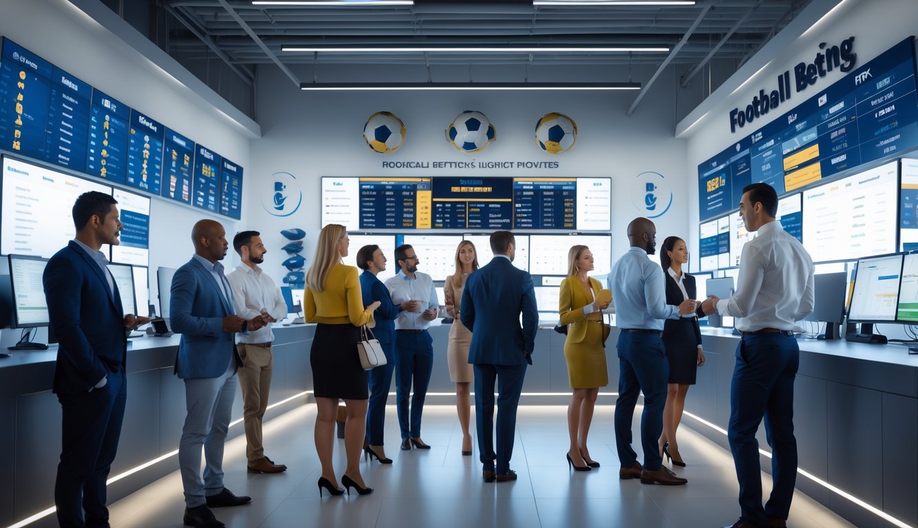 Orang-orang sedang melihat layar besar menampilkan pertandingan sepak bola dan statistik taruhan di sebuah kantor modern.