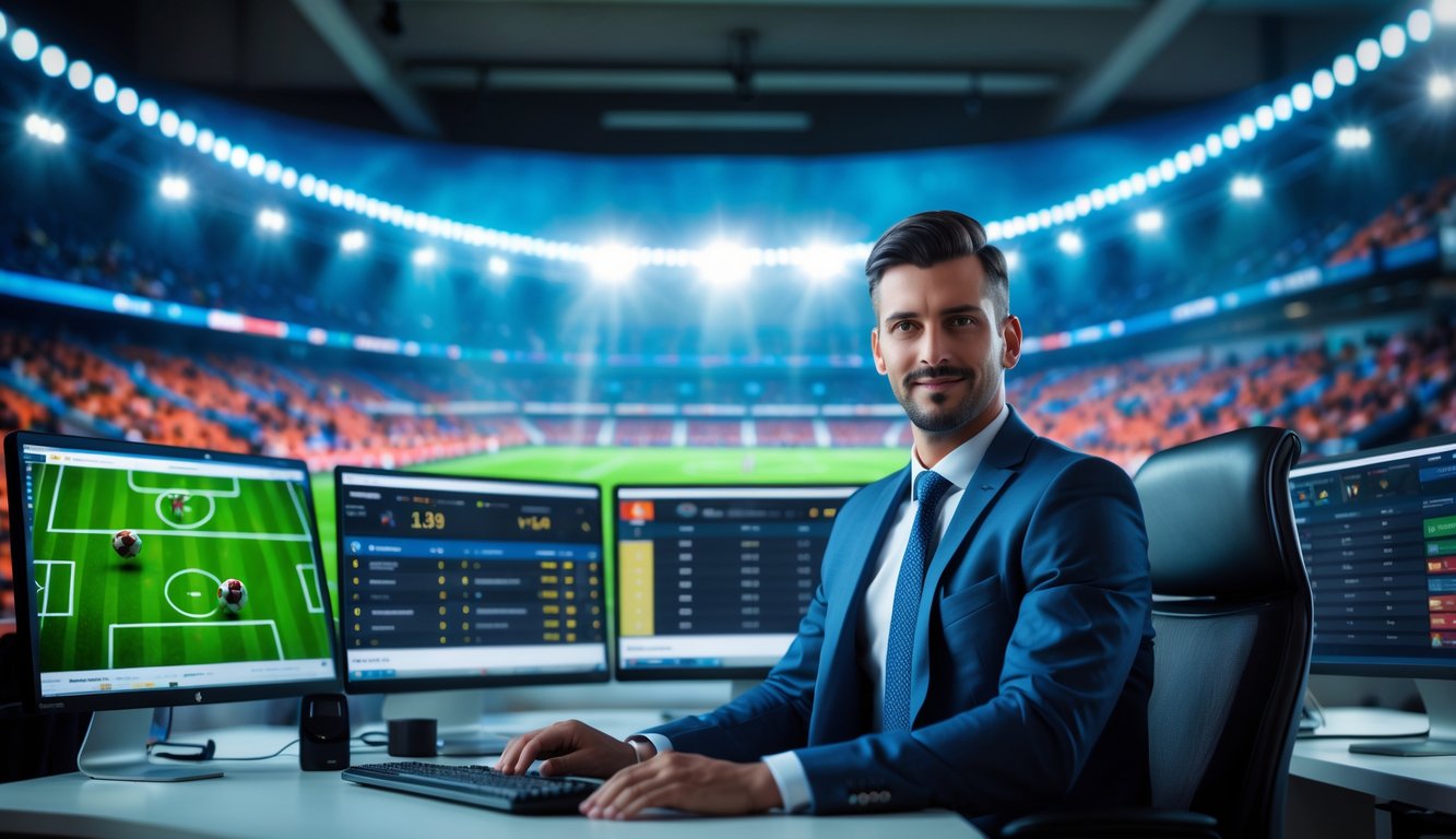 Seorang pria profesional duduk di kantor modern dengan beberapa layar komputer menampilkan statistik dan skor pertandingan sepak bola.