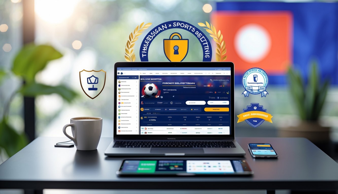 Sebuah laptop di meja kerja menampilkan situs taruhan bola dengan ikon keamanan dan latar belakang motif Indonesia.