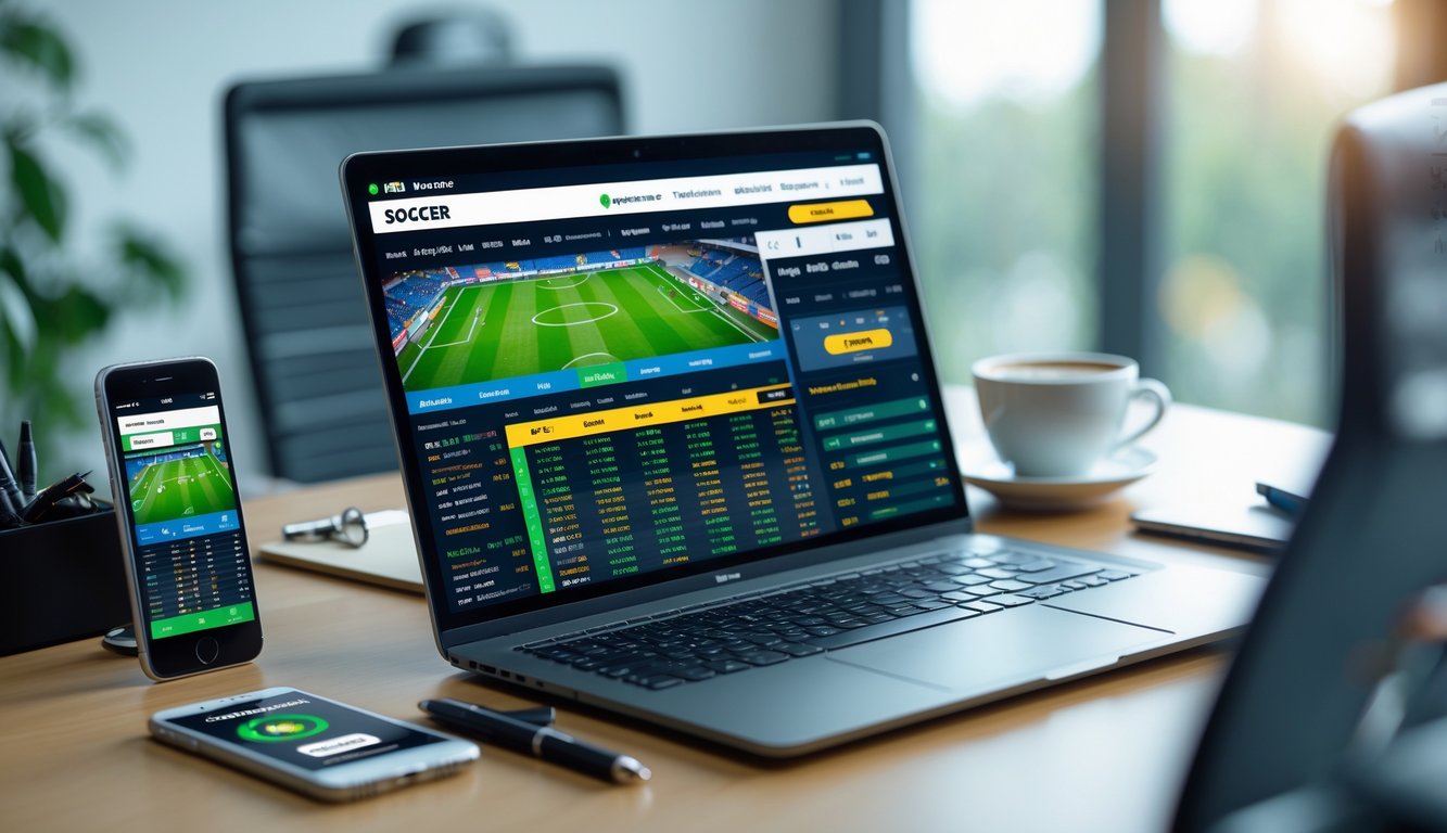 Seorang pria menggunakan laptop di meja kerja dengan tampilan aplikasi taruhan sepak bola online di layar.