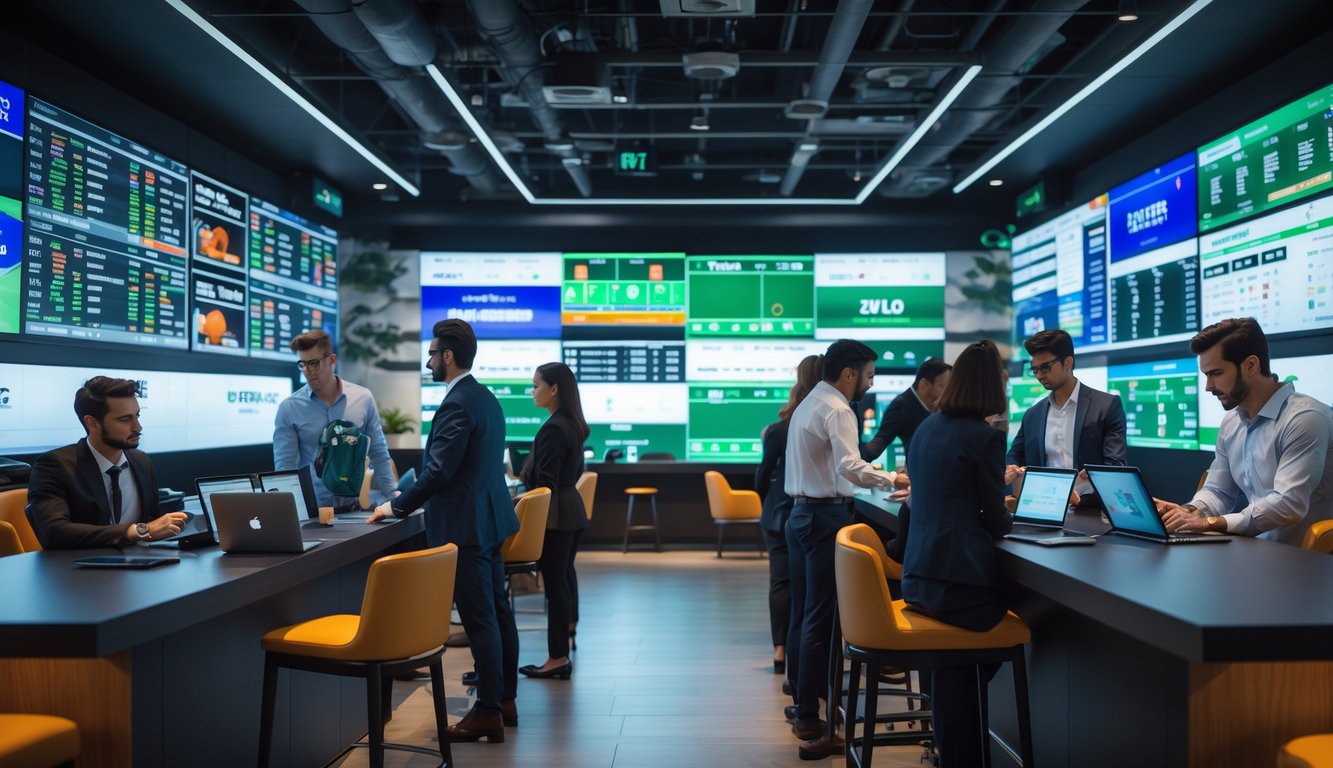 Orang-orang di ruang modern melihat layar besar yang menampilkan acara olahraga dan peluang taruhan.