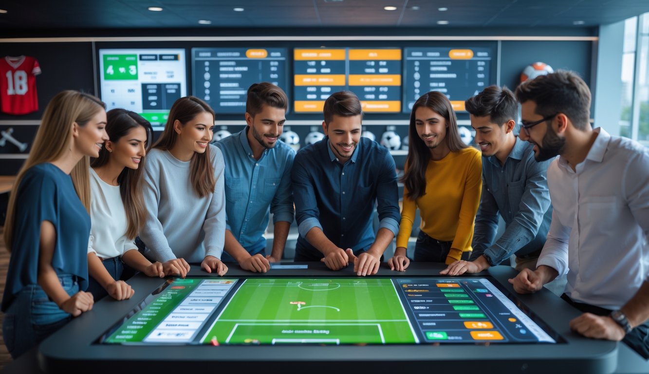 Sekelompok orang muda sedang menggunakan meja sentuh digital untuk memasang taruhan bola dengan deposit kecil.