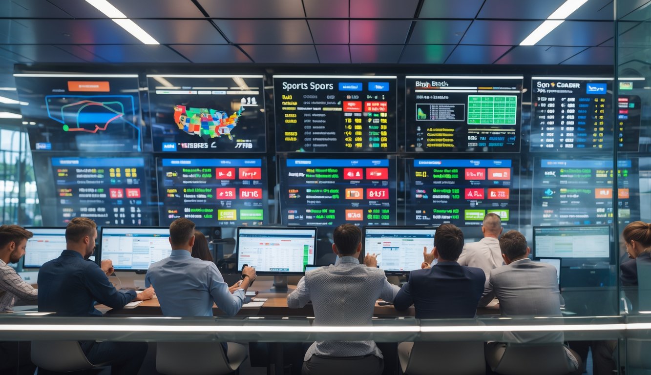 Orang-orang sedang melihat layar besar dengan informasi taruhan olahraga dan peluang tinggi di sebuah kantor taruhan modern.