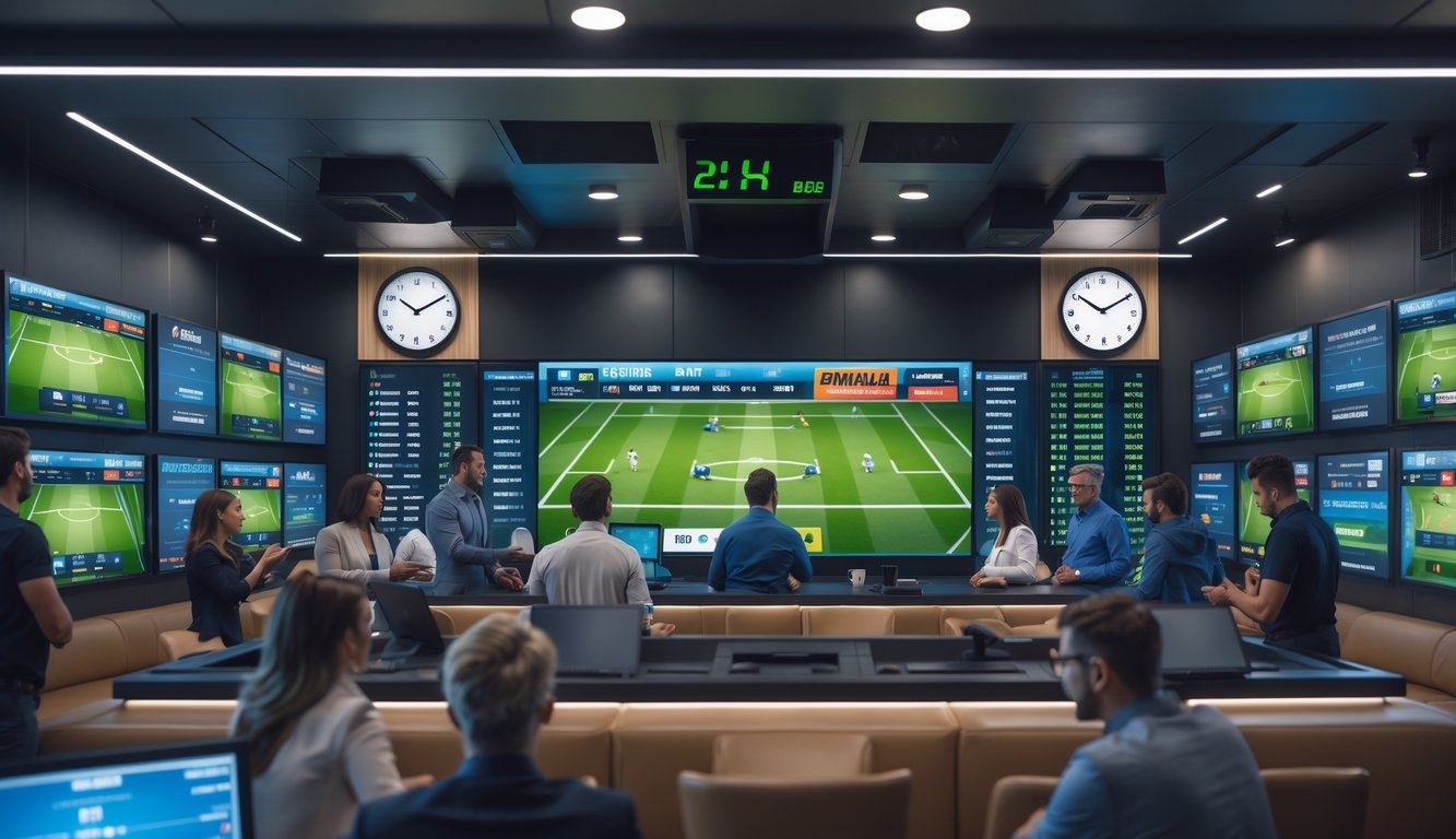 Orang-orang sedang melihat layar digital besar dengan pertandingan sepak bola dan statistik taruhan dalam ruangan modern yang nyaman.