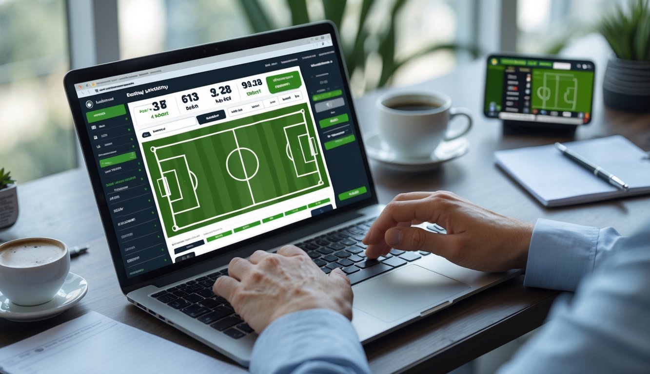 Seseorang sedang menggunakan laptop untuk bertaruh bola secara online dengan layar menampilkan statistik pertandingan sepak bola.