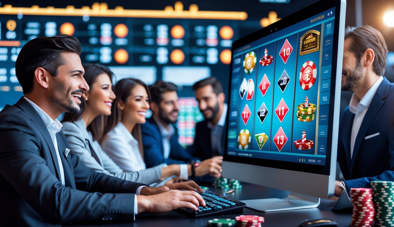 Orang-orang sedang bermain permainan kasino online di depan komputer dalam suasana profesional dan terpercaya.
