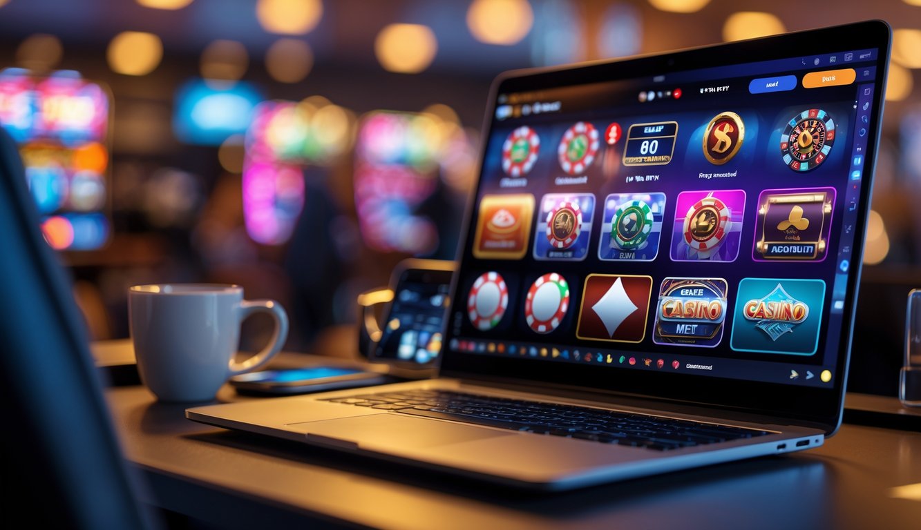 Seorang pengguna sedang bermain permainan kasino online di laptop dengan latar belakang ruangan yang nyaman.