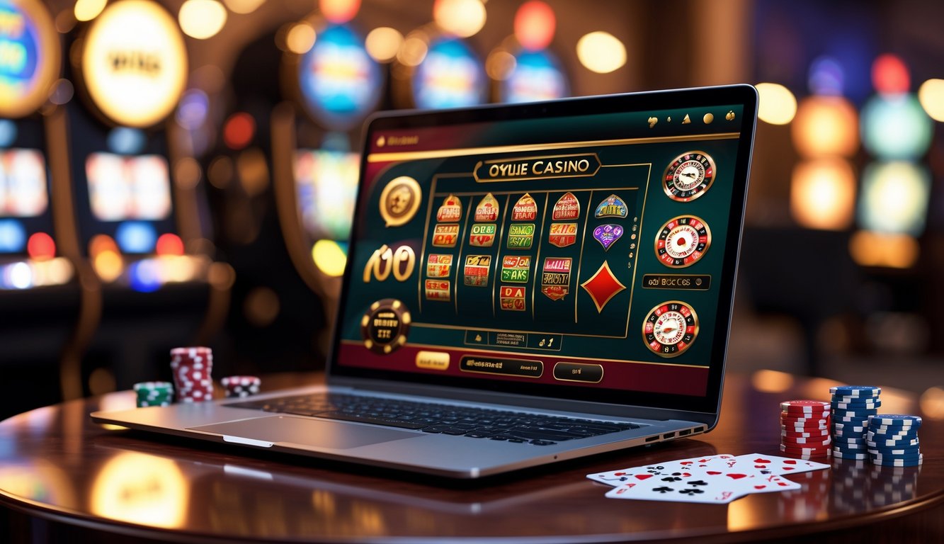 Sebuah laptop menampilkan permainan kasino online dengan chip poker dan kartu di meja kayu.