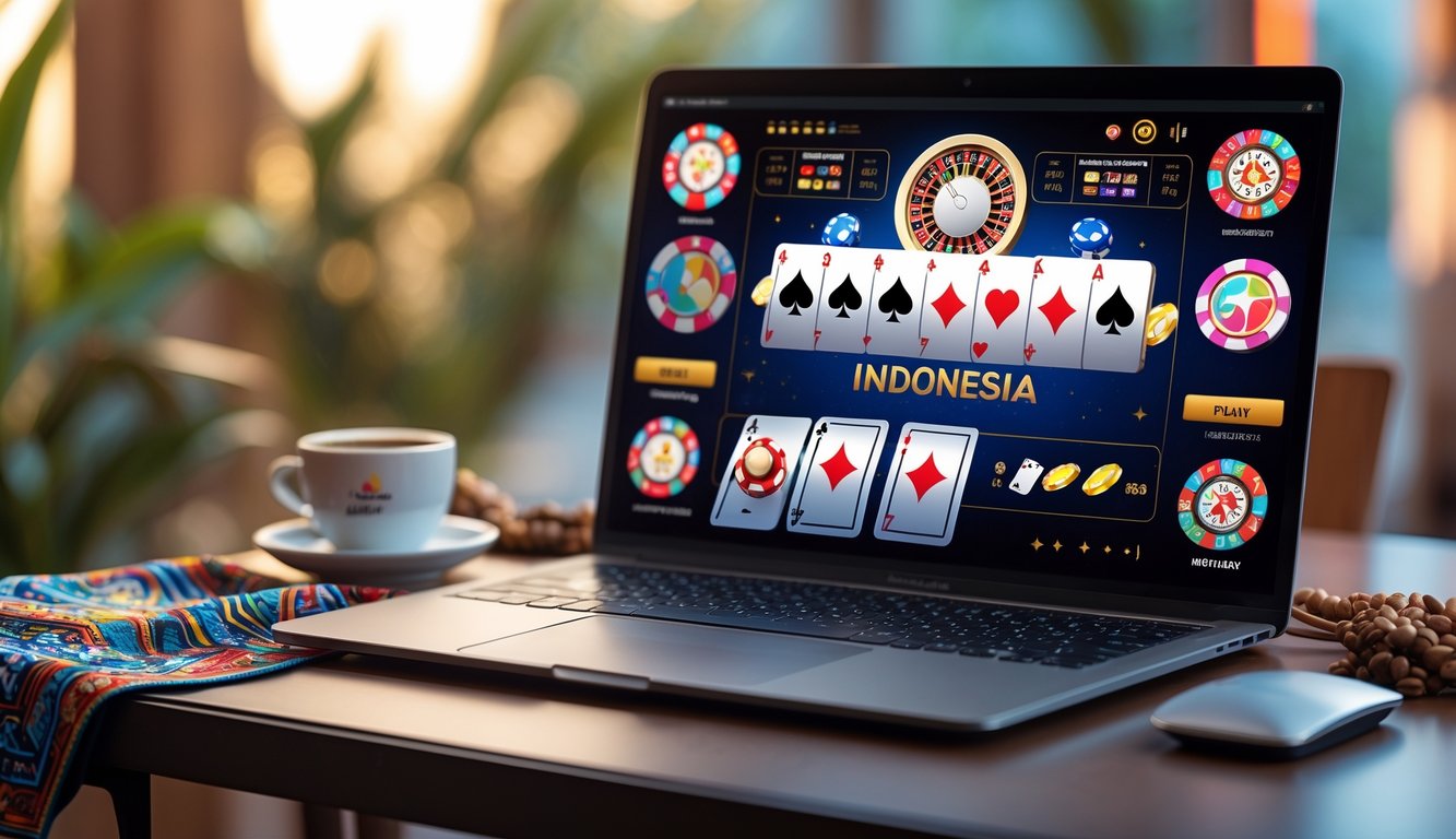 Seorang pengguna sedang menggunakan komputer dengan tampilan permainan kasino online di meja yang dihiasi kain batik dan secangkir kopi.