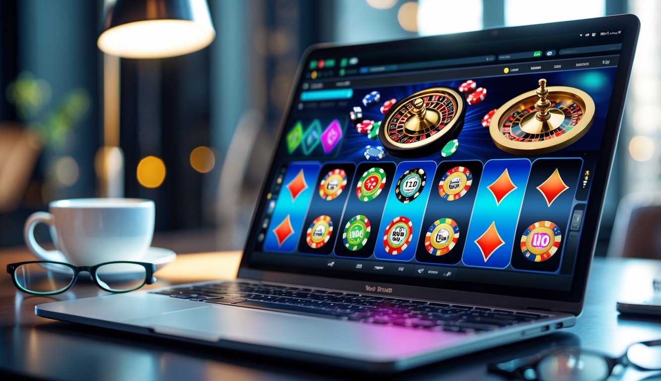 Sebuah laptop menampilkan permainan kasino online dengan mesin slot, kartu poker, dan roda roulette digital di meja kerja yang rapi.