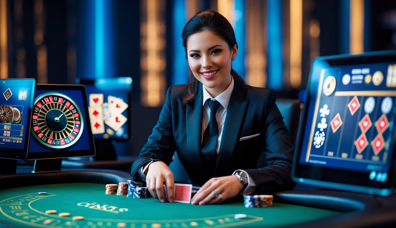 Seorang dealer kasino profesional duduk di meja kartu hijau dengan monitor dan peralatan kasino modern di sekitarnya.