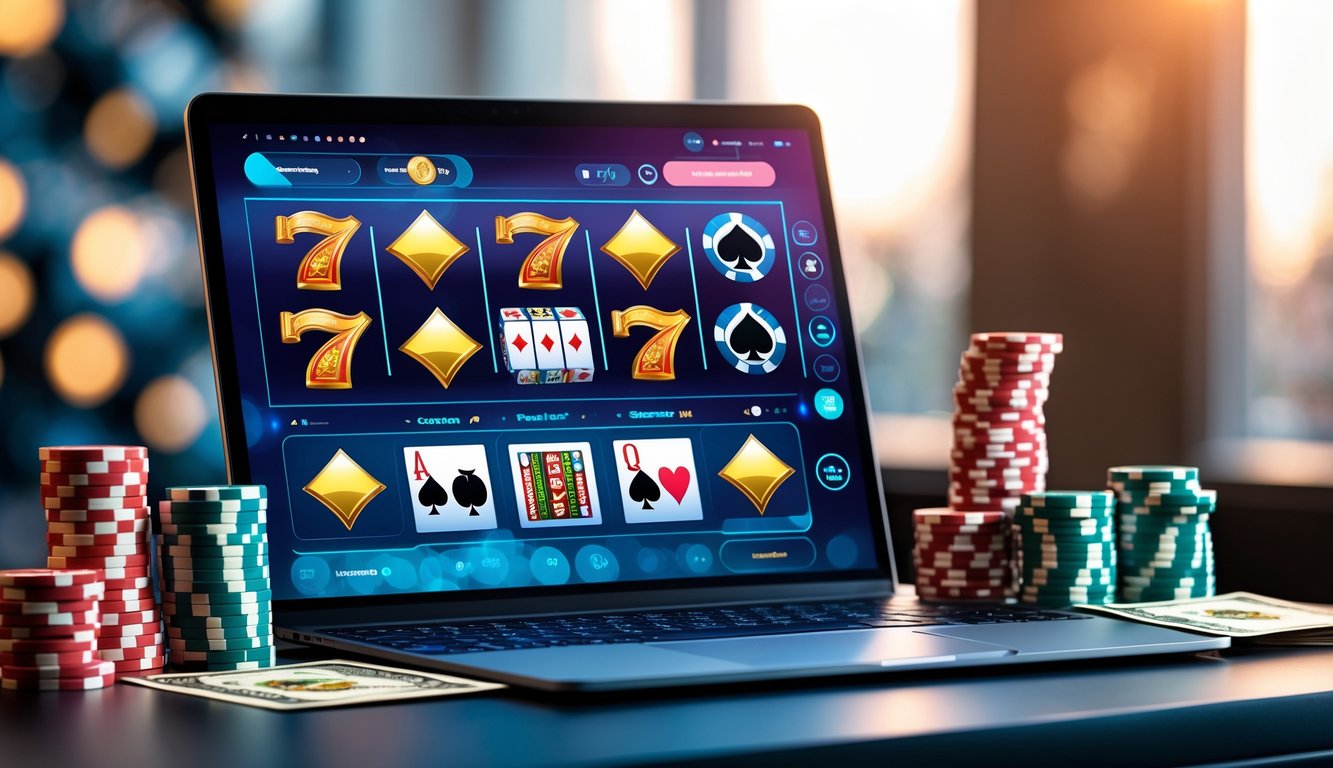 Sebuah meja dengan komputer menampilkan permainan kasino online dan tumpukan chip poker serta kartu remi di sekitarnya.