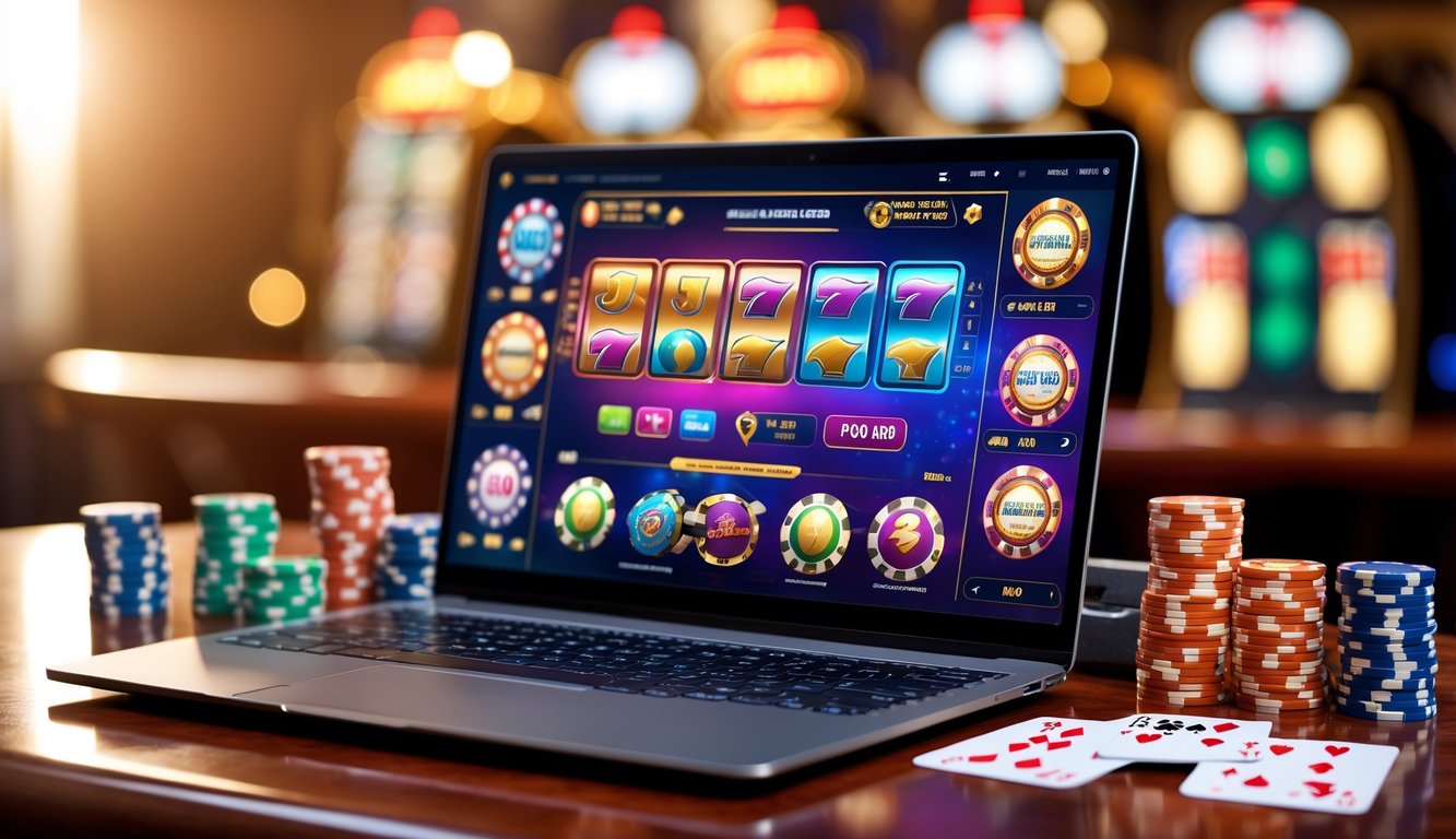 Sebuah laptop modern dengan layar menampilkan permainan kasino online, dikelilingi oleh chip poker, kartu remi, dan dadu di atas meja kayu.