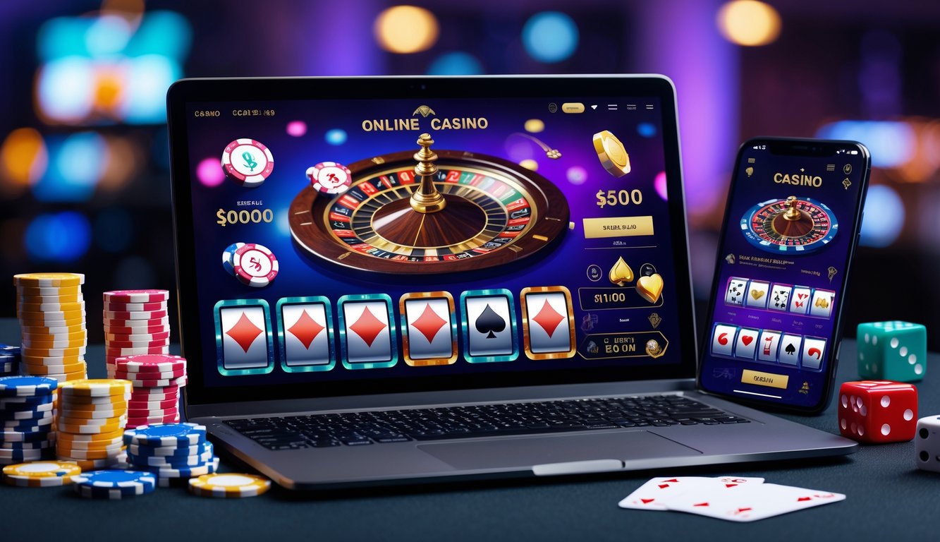 Sebuah laptop dengan tampilan permainan kasino online, dikelilingi oleh chip poker, kartu remi, dan dadu di atas meja.