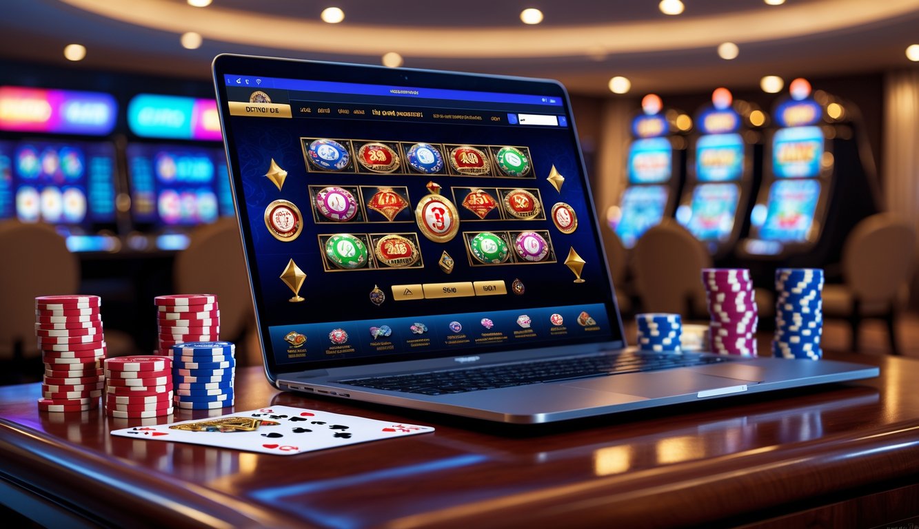 Seorang pengguna sedang bermain permainan kasino online di depan komputer dengan chip poker dan kartu di meja.