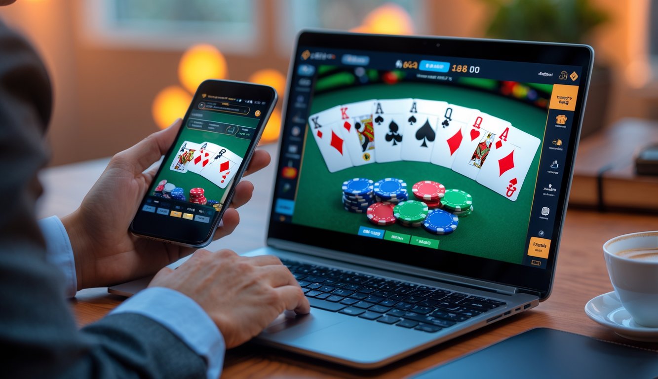 Seorang bermain poker online menggunakan laptop dan ponsel di meja kerja dengan suasana nyaman.