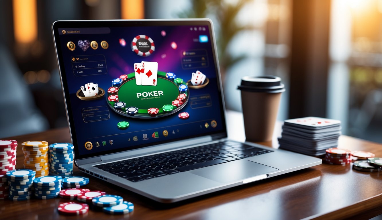 Seorang pria menggunakan laptop dengan tampilan permainan poker online di meja kayu, dikelilingi oleh chip poker dan kartu.