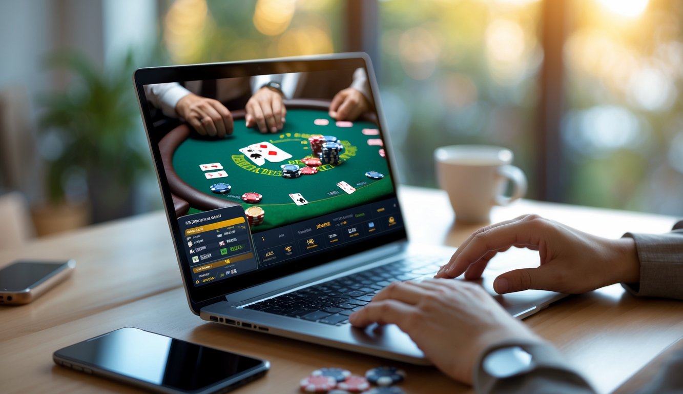 Seseorang bermain poker online menggunakan laptop di meja kayu dengan chip poker dan kartu di layar.