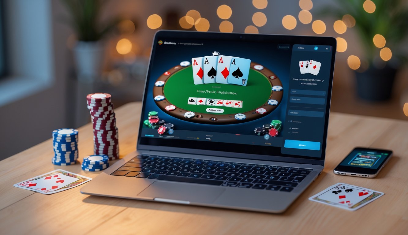 Seorang pria duduk di depan laptop dengan permainan poker online terbuka, dikelilingi chip poker dan kartu remi di meja kayu.