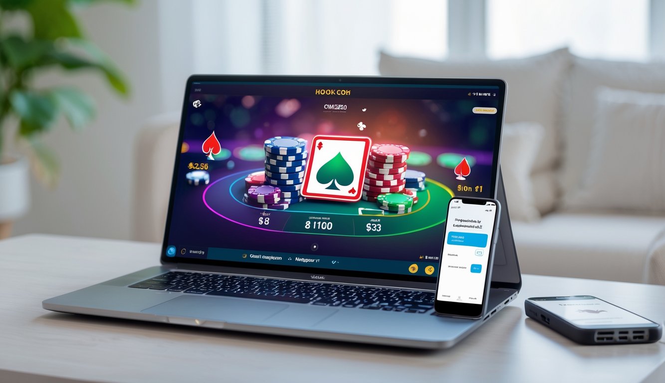 Seorang pengguna menggunakan laptop dan ponsel untuk bermain poker online dengan transaksi deposit kecil di meja kerja yang rapi.