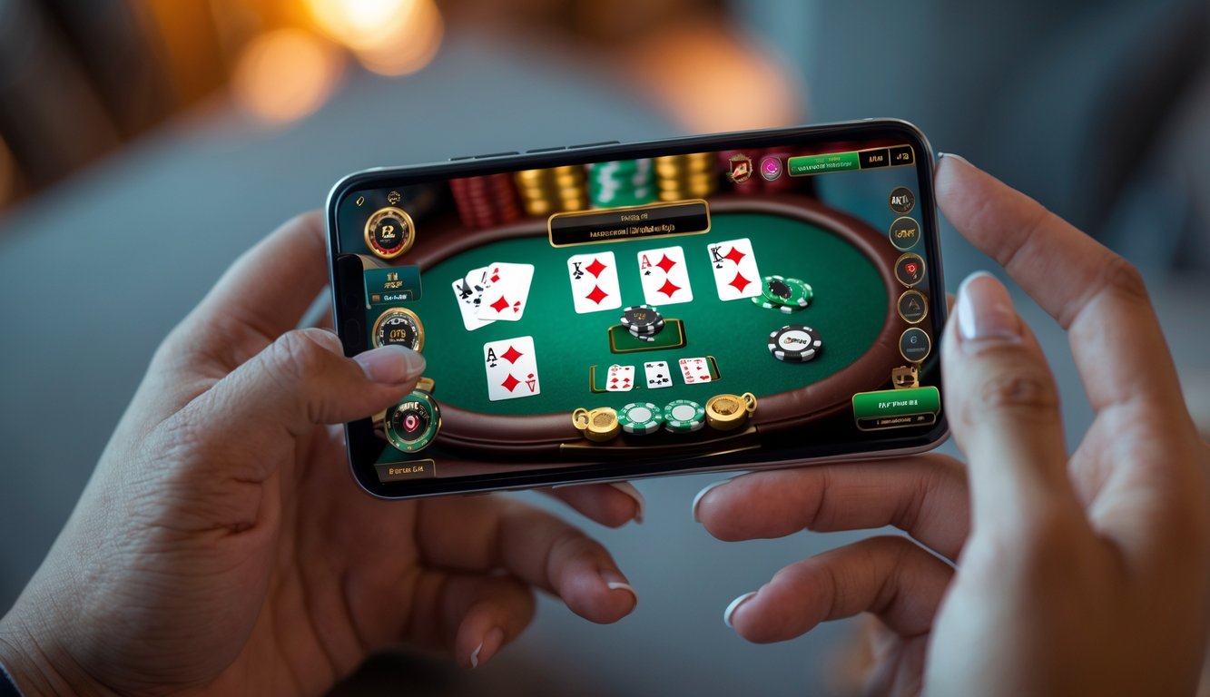 Seseorang memegang ponsel Android yang menampilkan permainan poker online di layar.