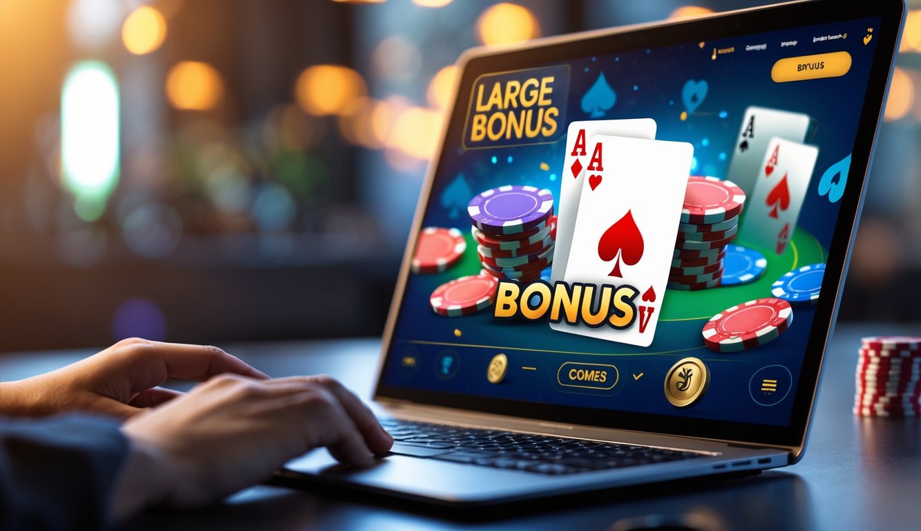 Seorang pemain menggunakan komputer untuk bermain poker online dengan tumpukan chip dan kartu di layar yang menunjukkan suasana permainan dan bonus besar.