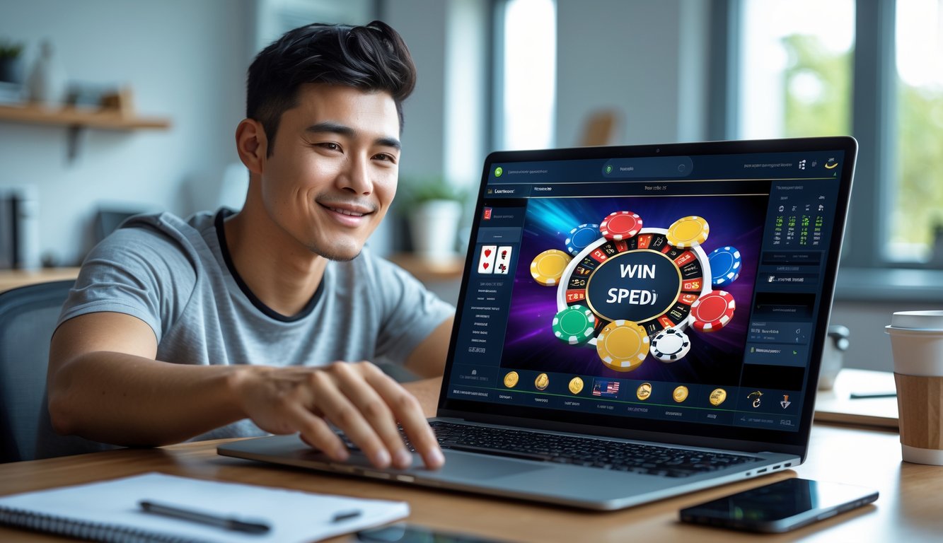 Seseorang bermain poker online dengan laptop di ruang kerja modern dan cerah.
