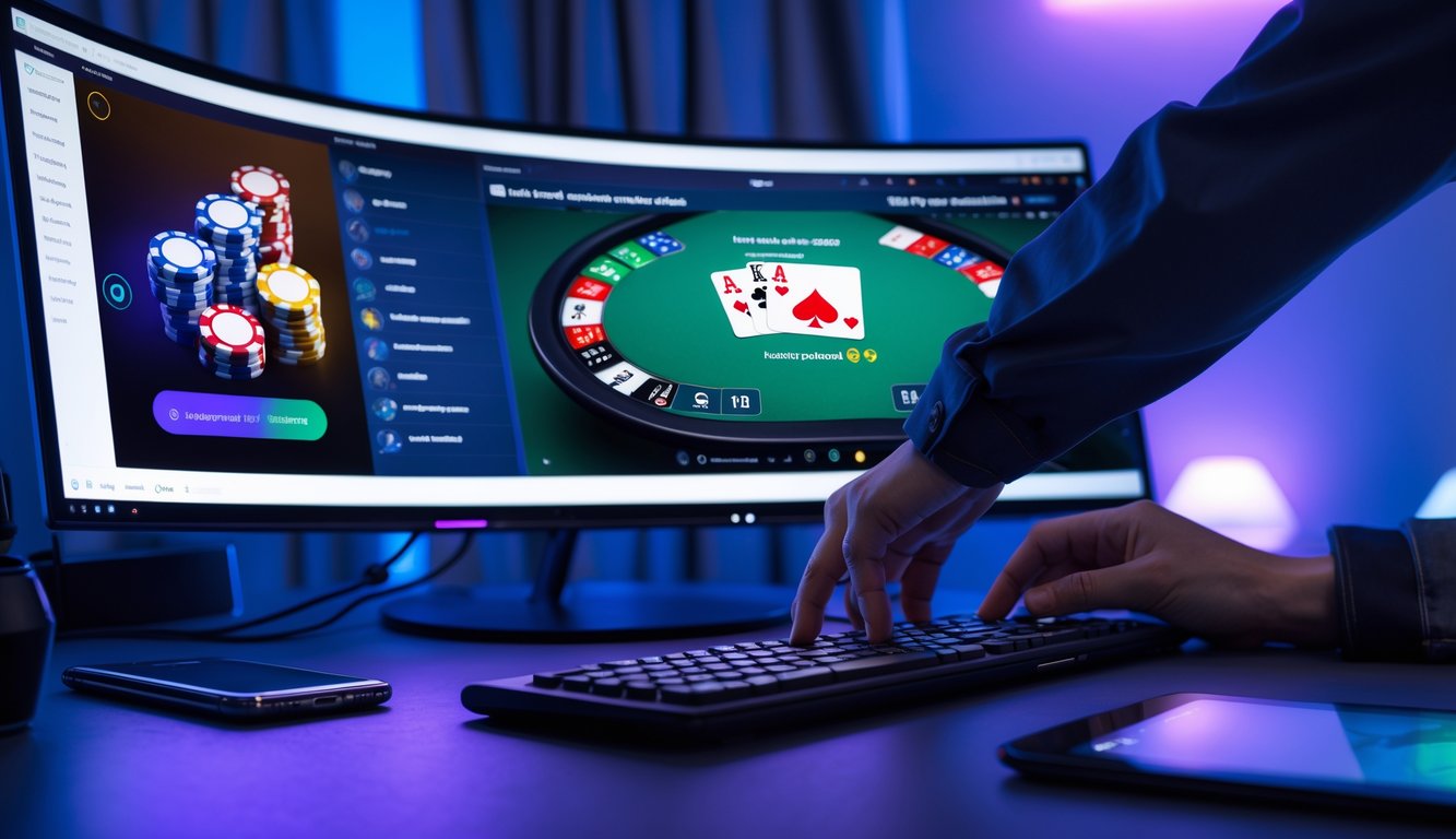 Seorang pemain poker online menggunakan komputer dengan layar besar menampilkan permainan poker digital di meja kerja modern.