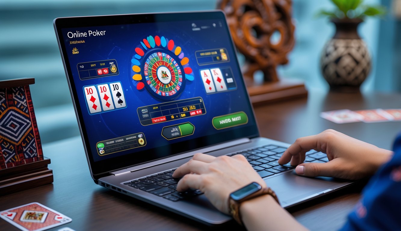 Seseorang sedang bermain poker online di laptop dengan latar meja kerja yang rapi dan elemen dekorasi khas Indonesia.