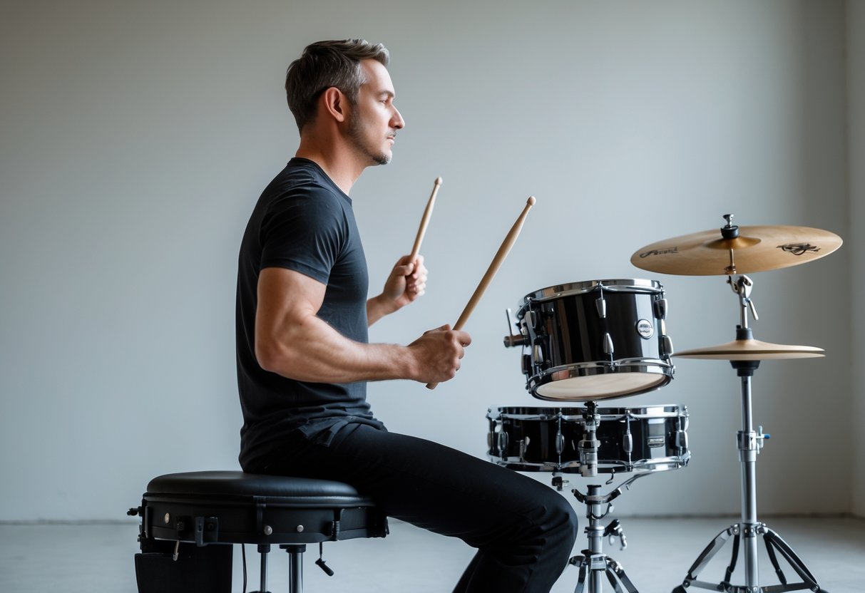 A drummer sitting upright on a drum throne, holding drumsticks with proper posture in a music studio.