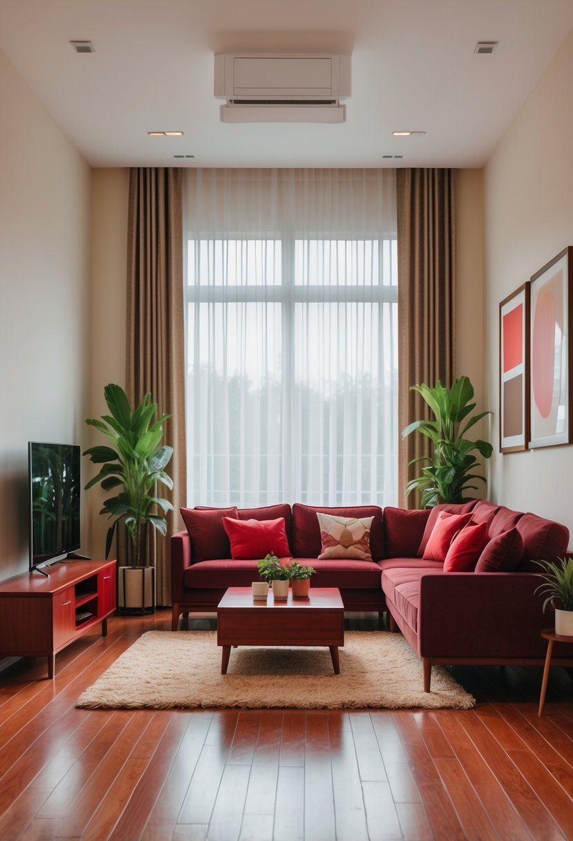 Cherry Coded Living Room Color Palette: 22 Stylish Ideas for Modern Interiors 2 A living room with cherry wood furniture, red cushions, hardwood floors, cream walls, and green plants.