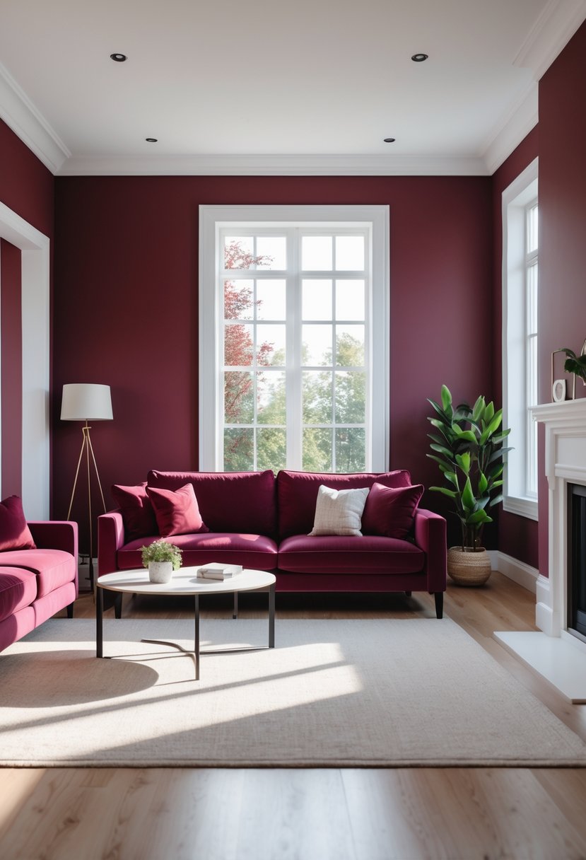 Cherry Coded Living Room Color Palette: 22 Stylish Ideas for Modern Interiors 3 Living room with deep burgundy walls, white trim, a cherry-colored sofa, coffee table, and natural light coming through large windows.