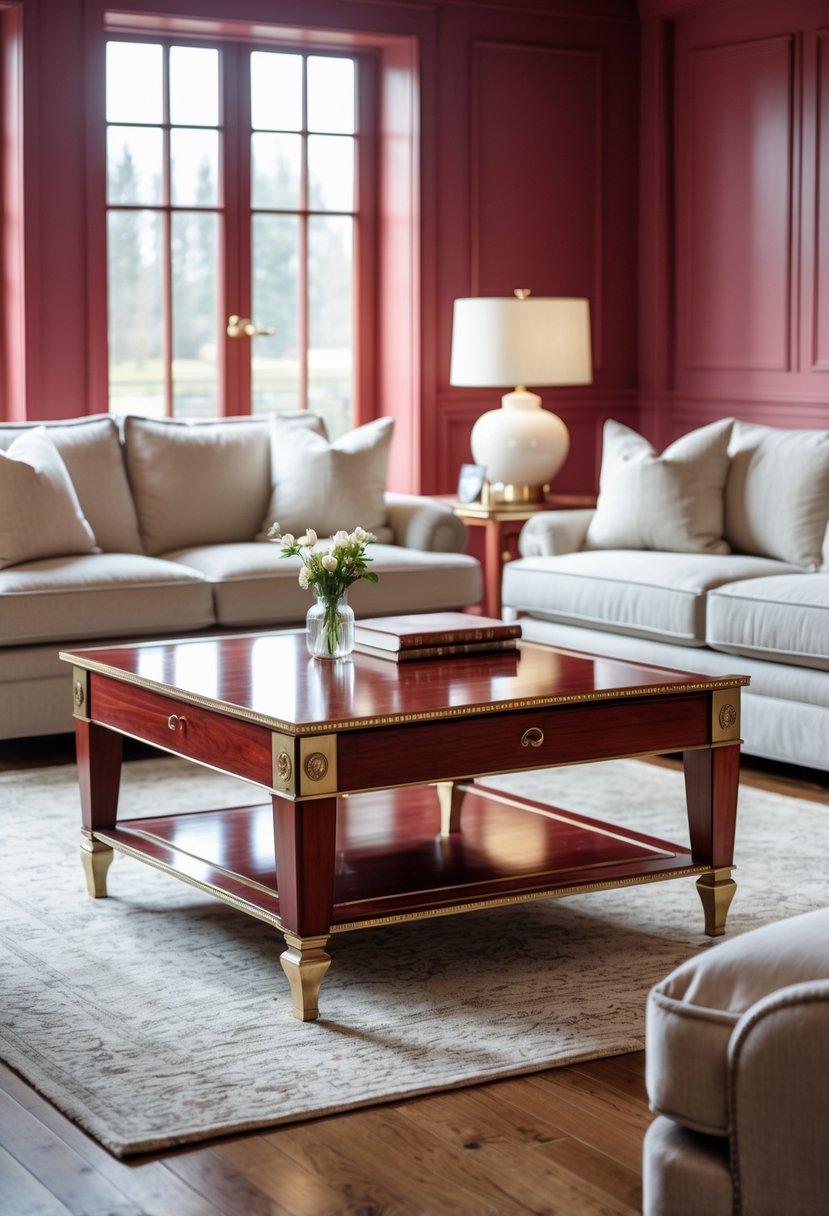 Cherry Coded Living Room Color Palette: 22 Stylish Ideas for Modern Interiors 4 A cherry wood coffee table with brass accents in the center of a living room with warm wood tones and comfortable seating around it.