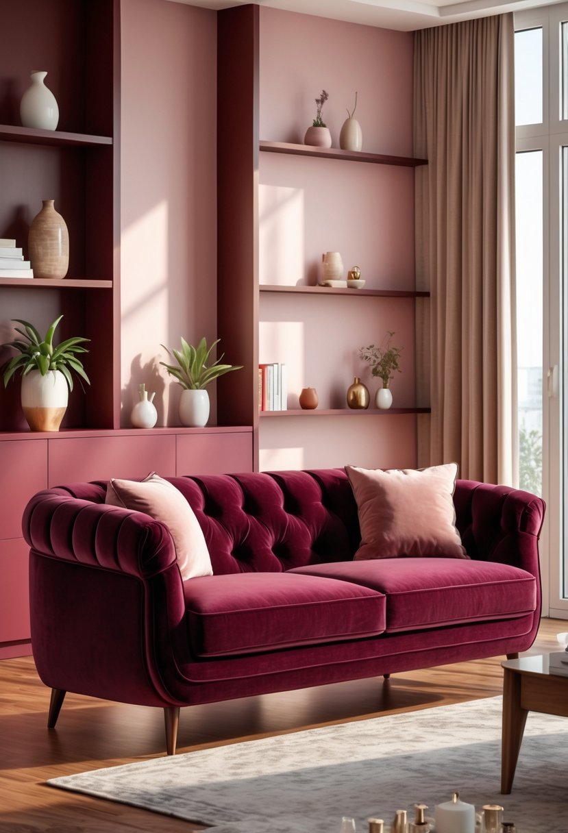 Cherry Coded Living Room Color Palette: 22 Stylish Ideas for Modern Interiors 5 A living room with a burgundy velvet sofa surrounded by cherry wood furniture and warm-toned decor.