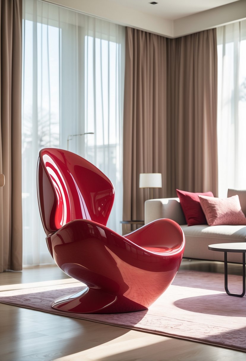 Cherry Coded Living Room Color Palette: 22 Stylish Ideas for Modern Interiors 6 A living room with a cherry red sculptural accent chair on a light hardwood floor, surrounded by neutral-colored walls, curtains, and decorative pillows.