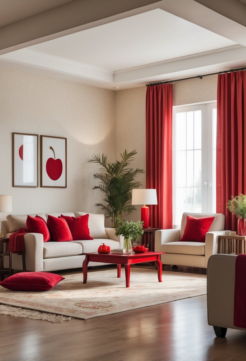 Cherry Coded Living Room Color Palette: 22 Stylish Ideas for Modern Interiors 7 A living room with oat-white walls and cherry red furniture and decor, including cushions, a coffee table, and curtains, lit by natural light.